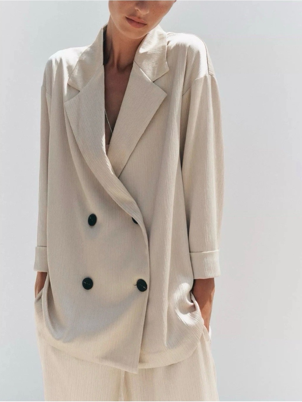 Zara Oversized Wrinkled Double Breasted Blazer Soft Gold Relaxed Jacket Size L